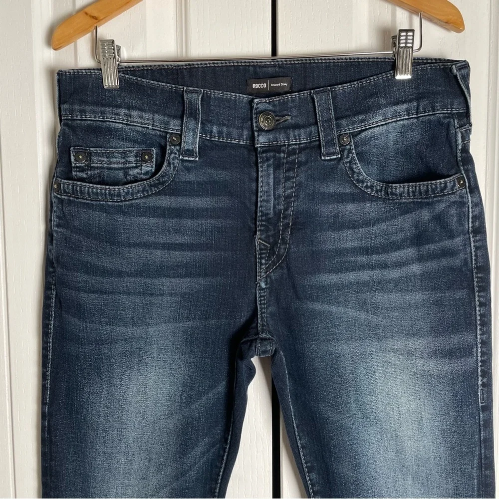 True Religion Relaxed Skinny Rocco Jeans Men’s 32 Blue Dark Wash Grunge Distress